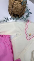 Nakış Yakalı Pembe Keten Takım