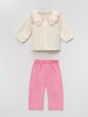 Nakış Yakalı Pembe Keten Takım