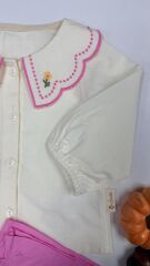 Nakış Yakalı Pembe Keten Takım