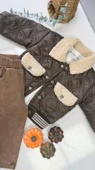 Kahve peluş yakalı montlu jean takım